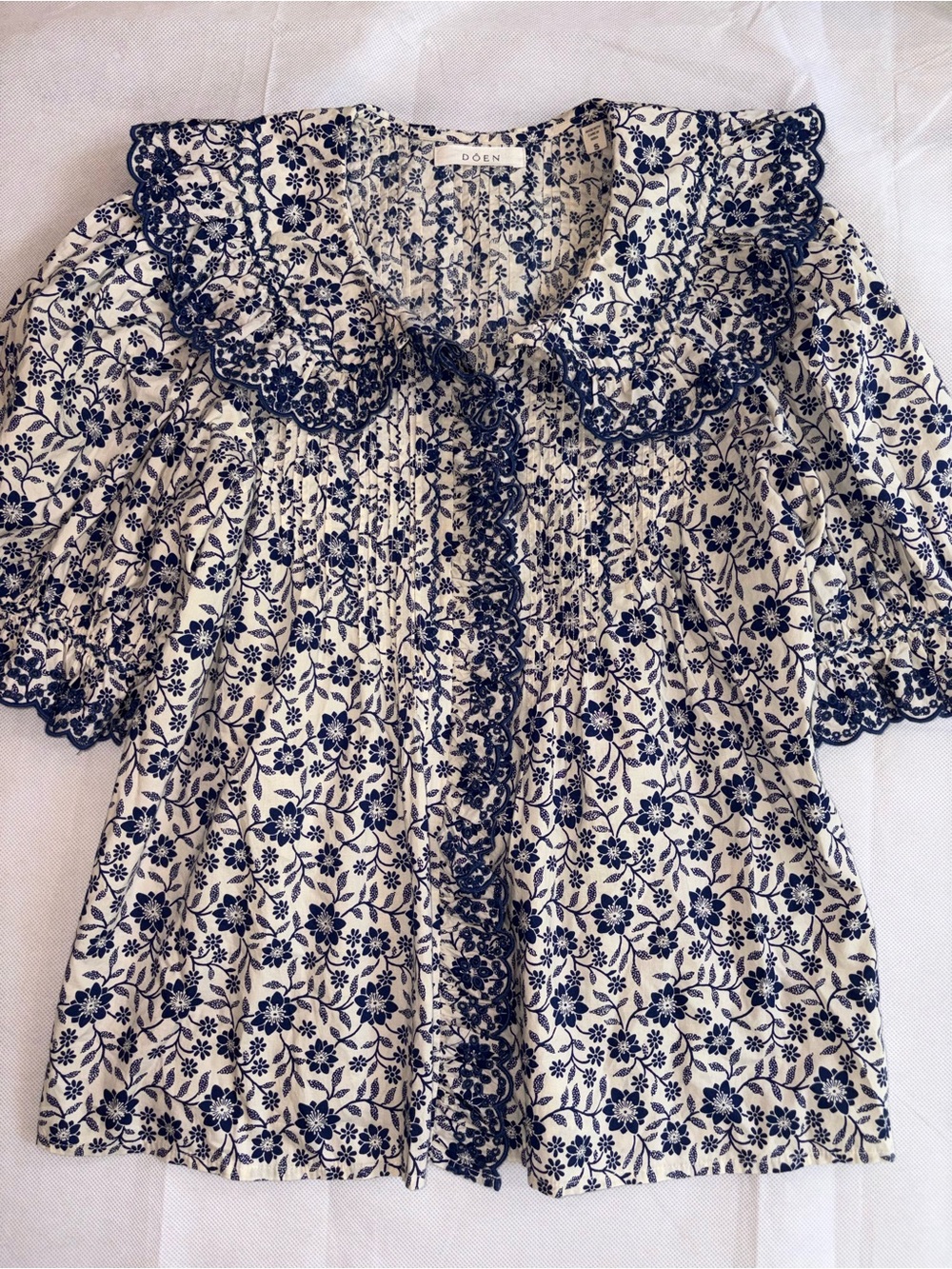 DÔEN Navy Blue Floral Organic Cotton Ruffle Collar Blouse